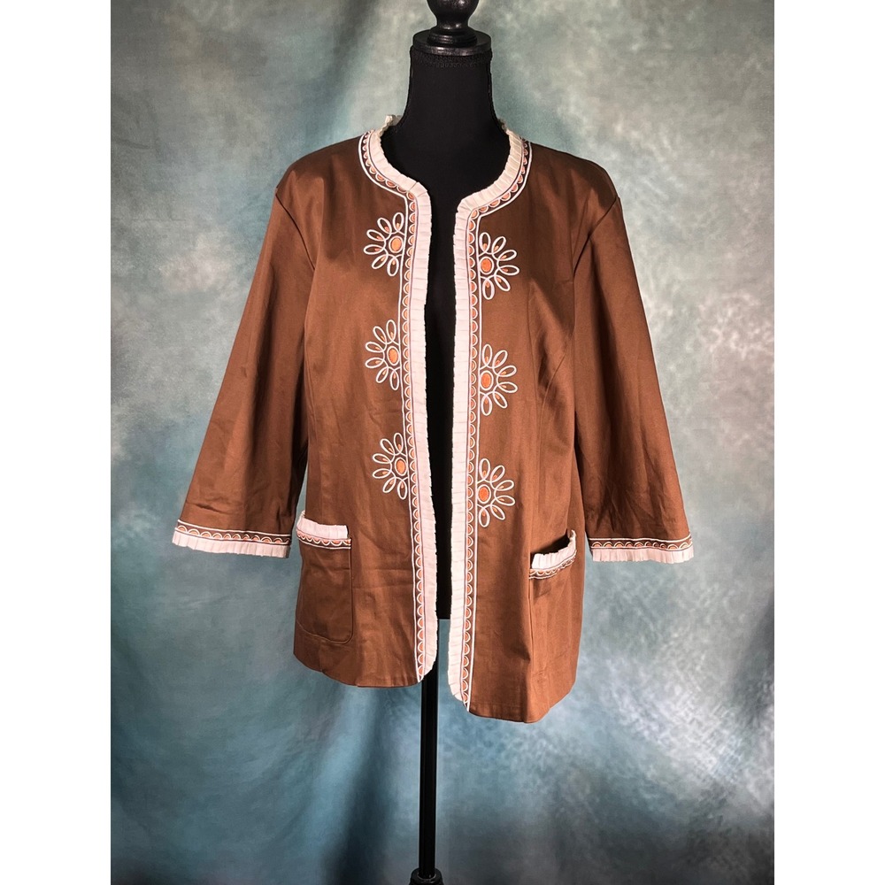 Bob Mackie Wearable Art Brown Embroidered Floral Open Front Jacket Womens 1X